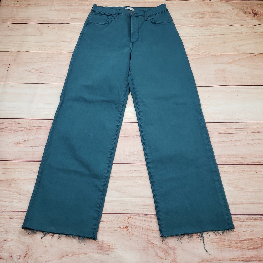 Edyson Vincent Wide Leg Pants Womens 26 Blue Green High Rise Raw Hem Button Fly